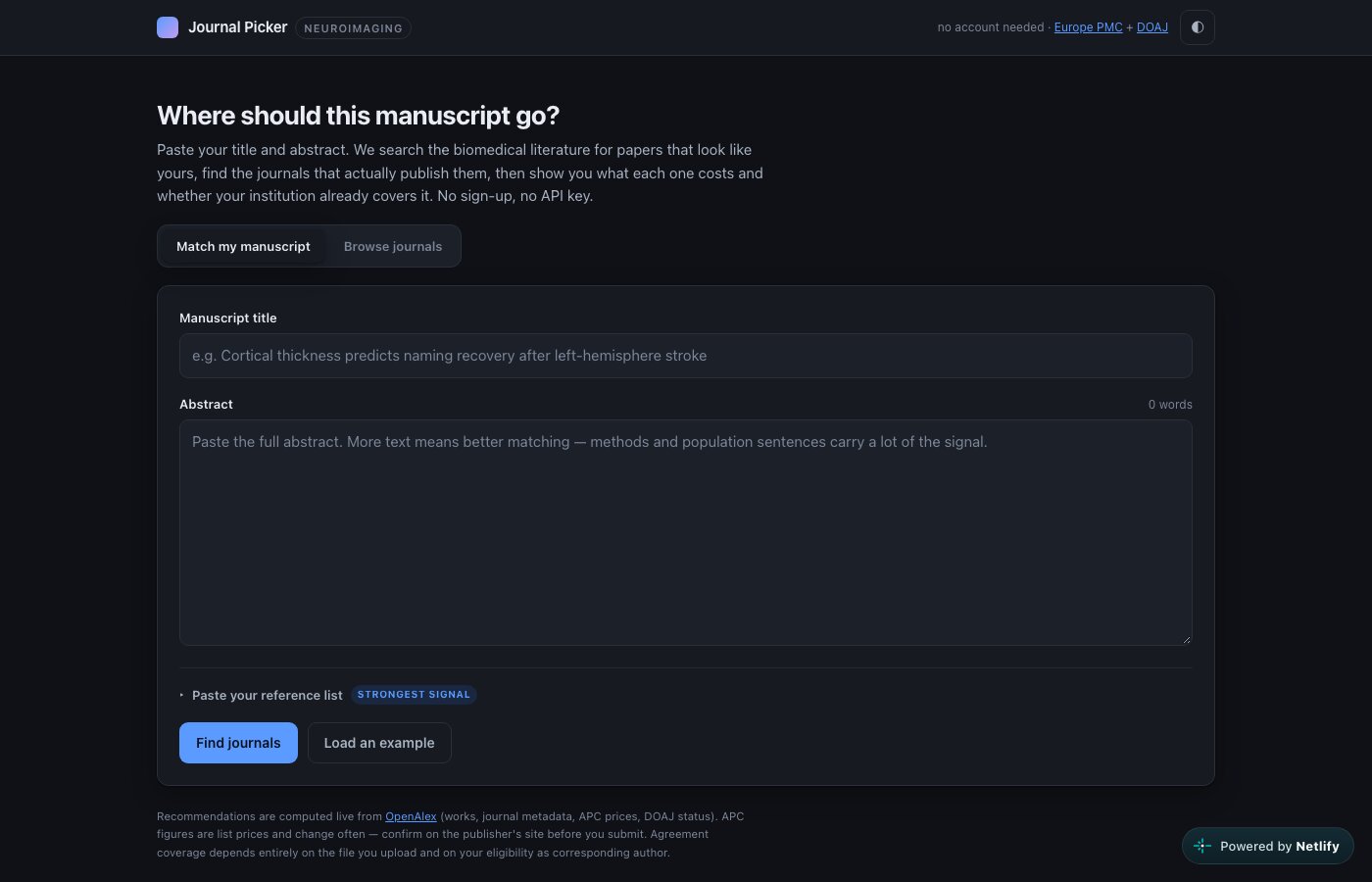 A clean dark-themed landing page for Journal Picker. A simple two-field form asks for a manuscript title and abstract, with a Find journals button and a note that no account or API key is required. Recommendations are computed live from OpenAlex, with DOAJ APC prices and real review turnaround times.