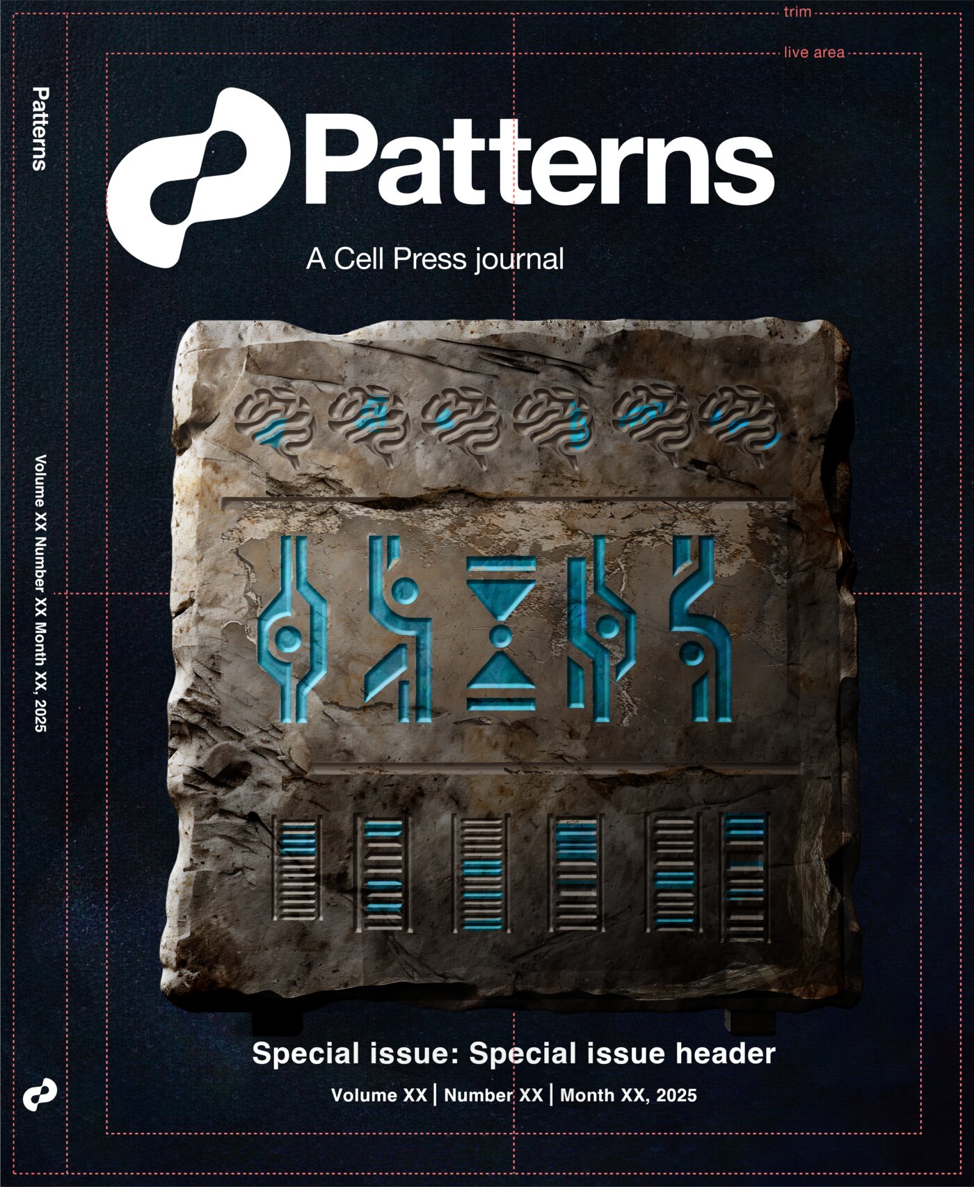 Mock cover of Patterns (A Cell Press journal) featuring a weathered stone tablet carved with a row of brain-shaped glyphs across the top and glowing teal circuit-like symbols below, evoking a Rosetta Stone for brain and model.